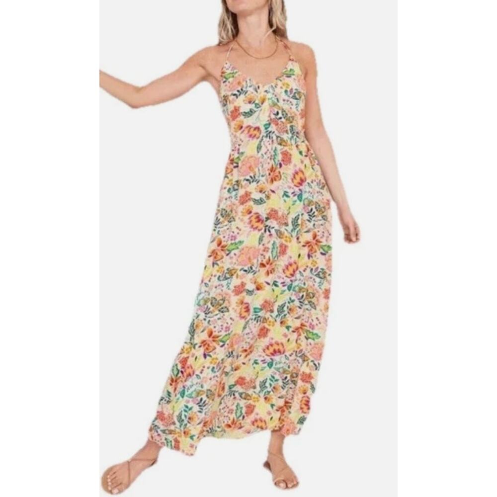Old Navy Floral Halter Maxi Smocked Sundress Vibrant Fun Colorful Large Tall